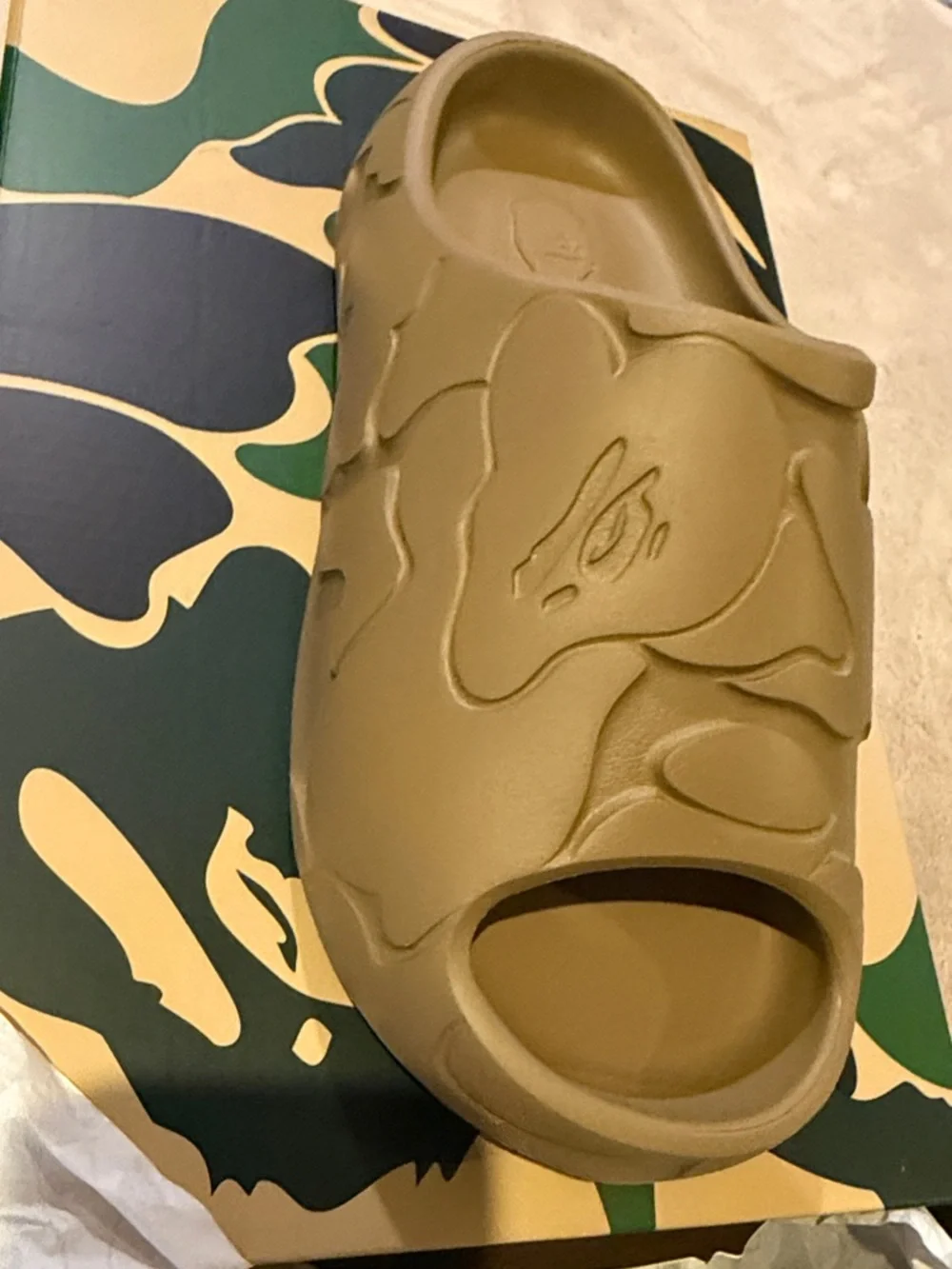 A Bathing Ape Men's Slide Sandals in Tan with Textured Camouflage Pattern